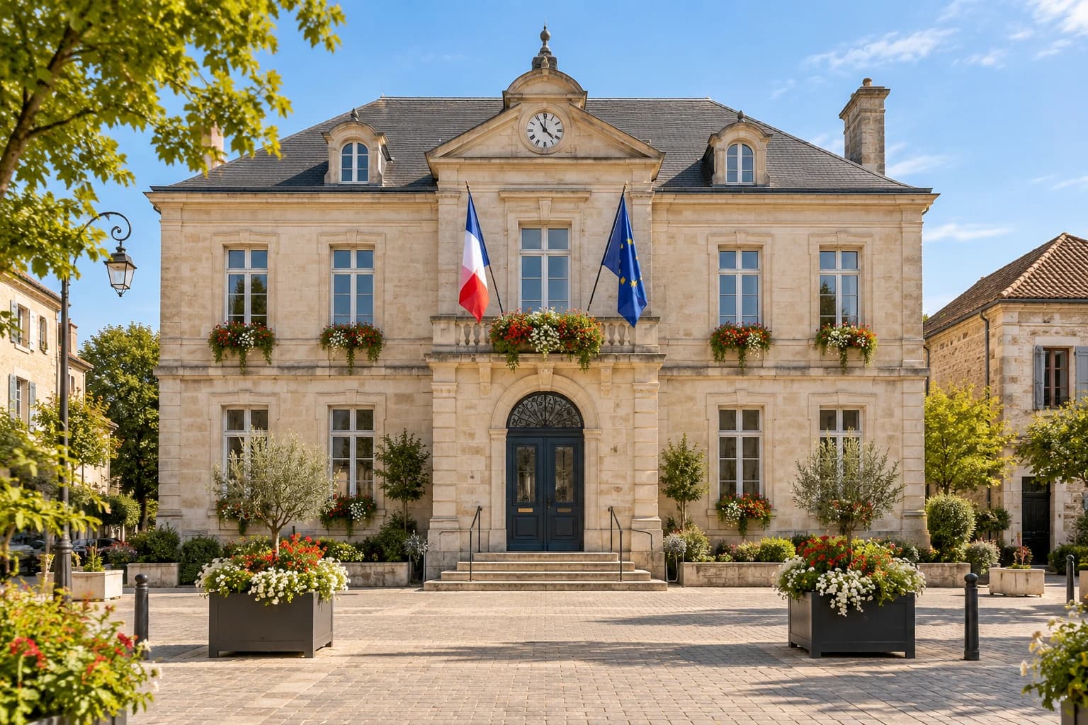 Façade d’une mairie avec drapeaux français