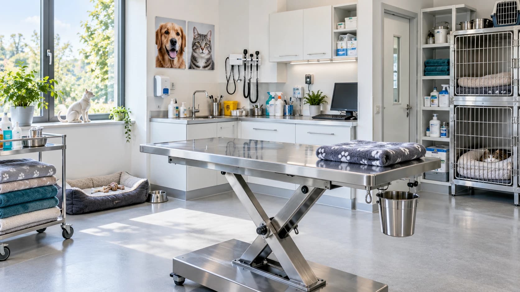 Salle de soins vétérinaires avec table d’examen