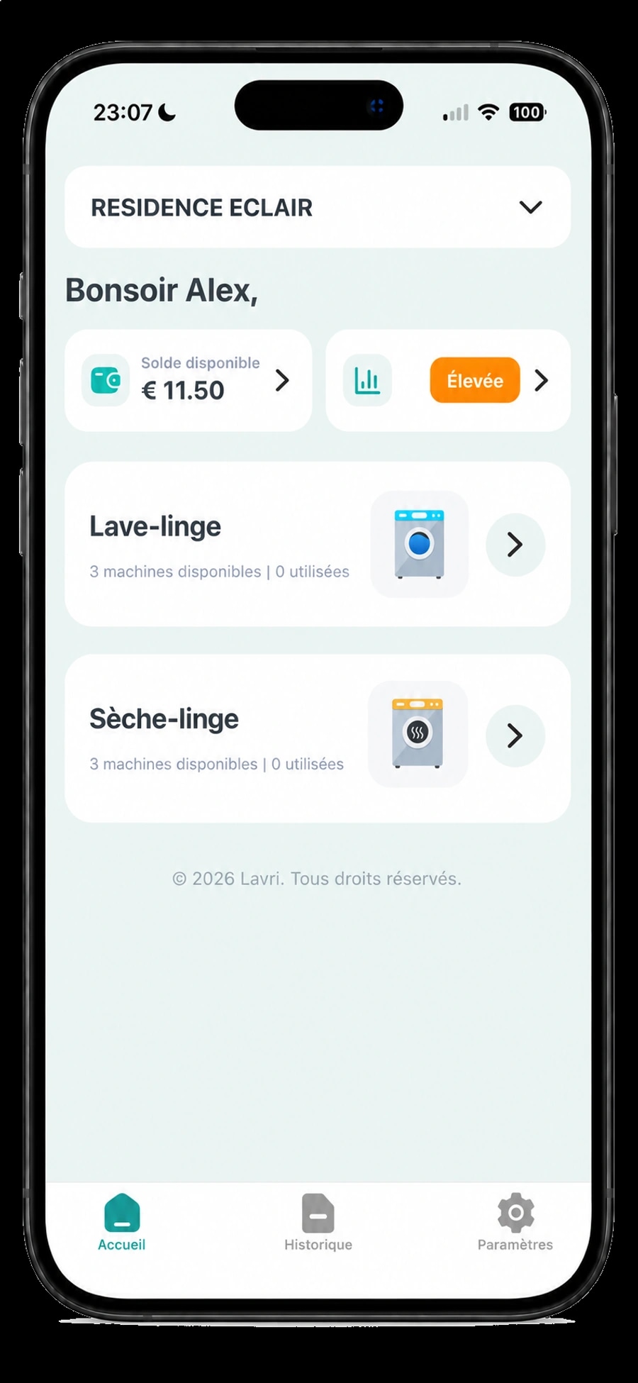 Application LavriPay — solde, disponibilité des lave-linge et des sèche-linge d'une résidence