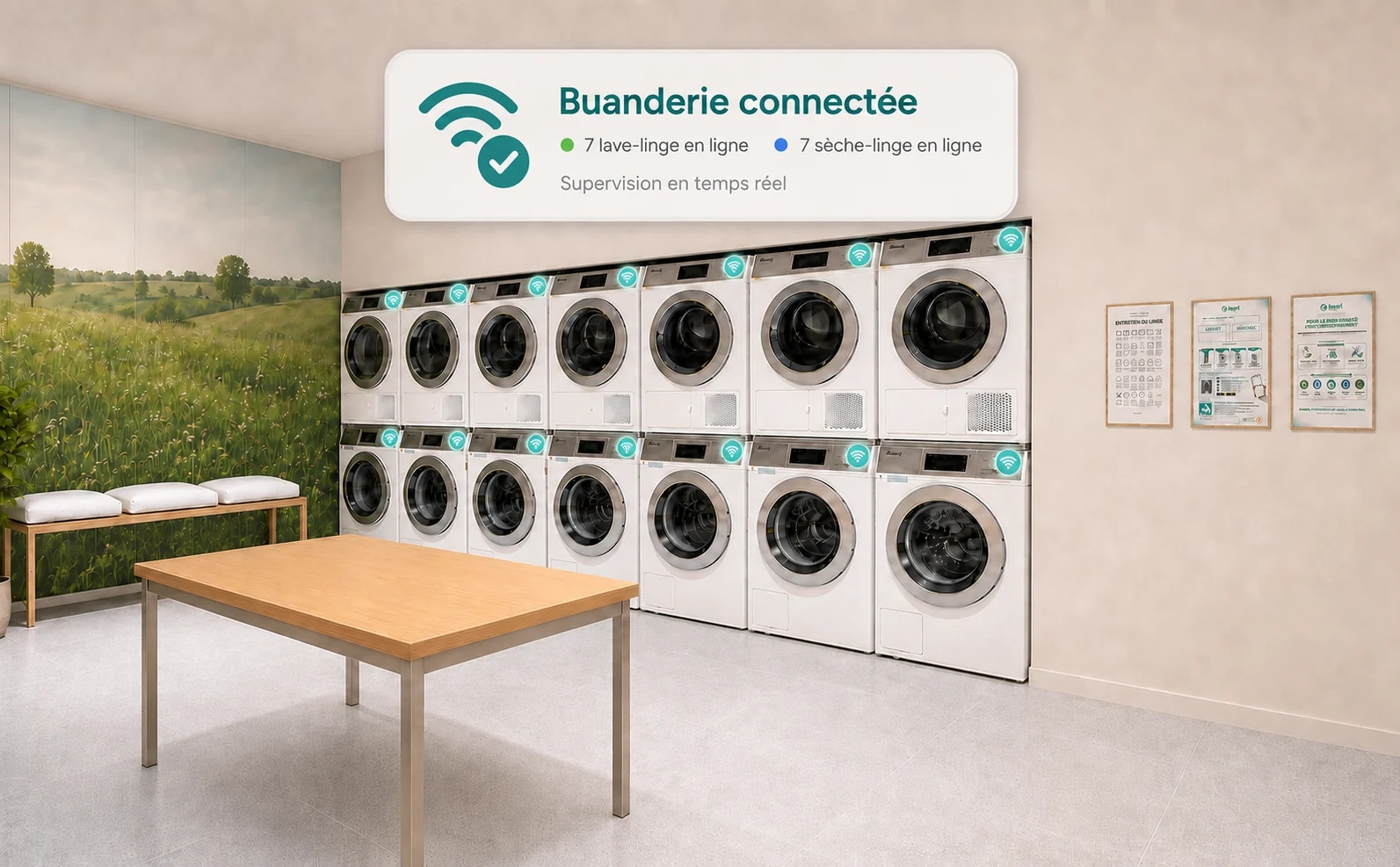 Buanderie collective dont les lave-linge et sèche-linge sont connectés et supervisés en temps réel