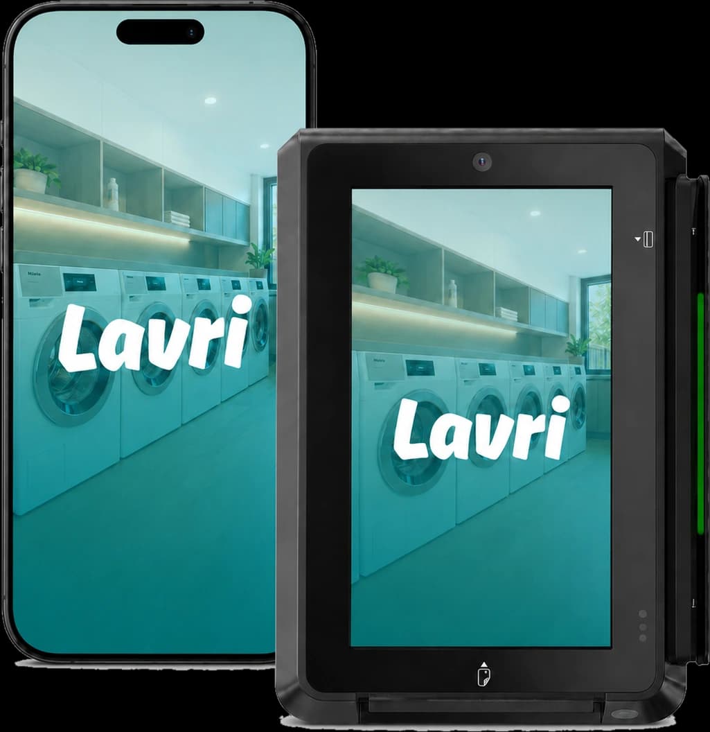 Application LavriPay sur téléphone et terminal de paiement installé dans la laverie