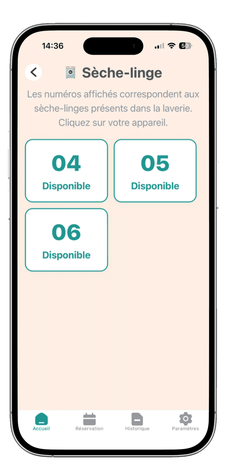 Écran de sélection d'un sèche-linge dans l'application LavriPay