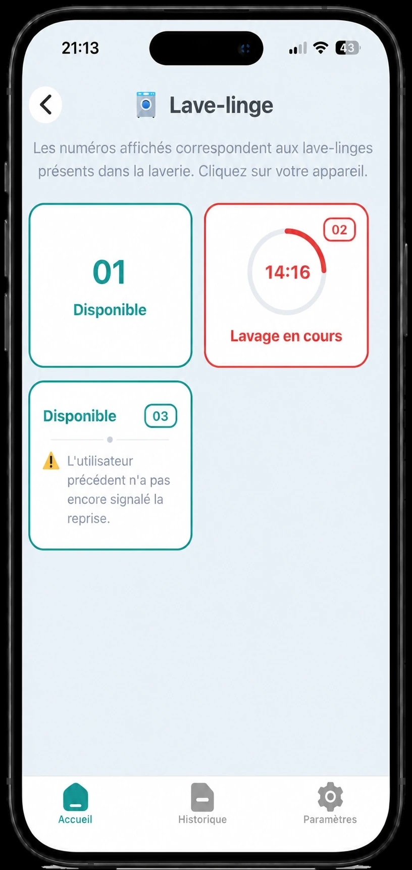 Écran LavriPay listant les lave-linge disponibles et le temps restant sur un cycle