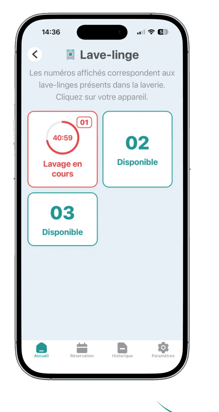 Écran de l'application LavriPay affichant la disponibilité des lave-linges