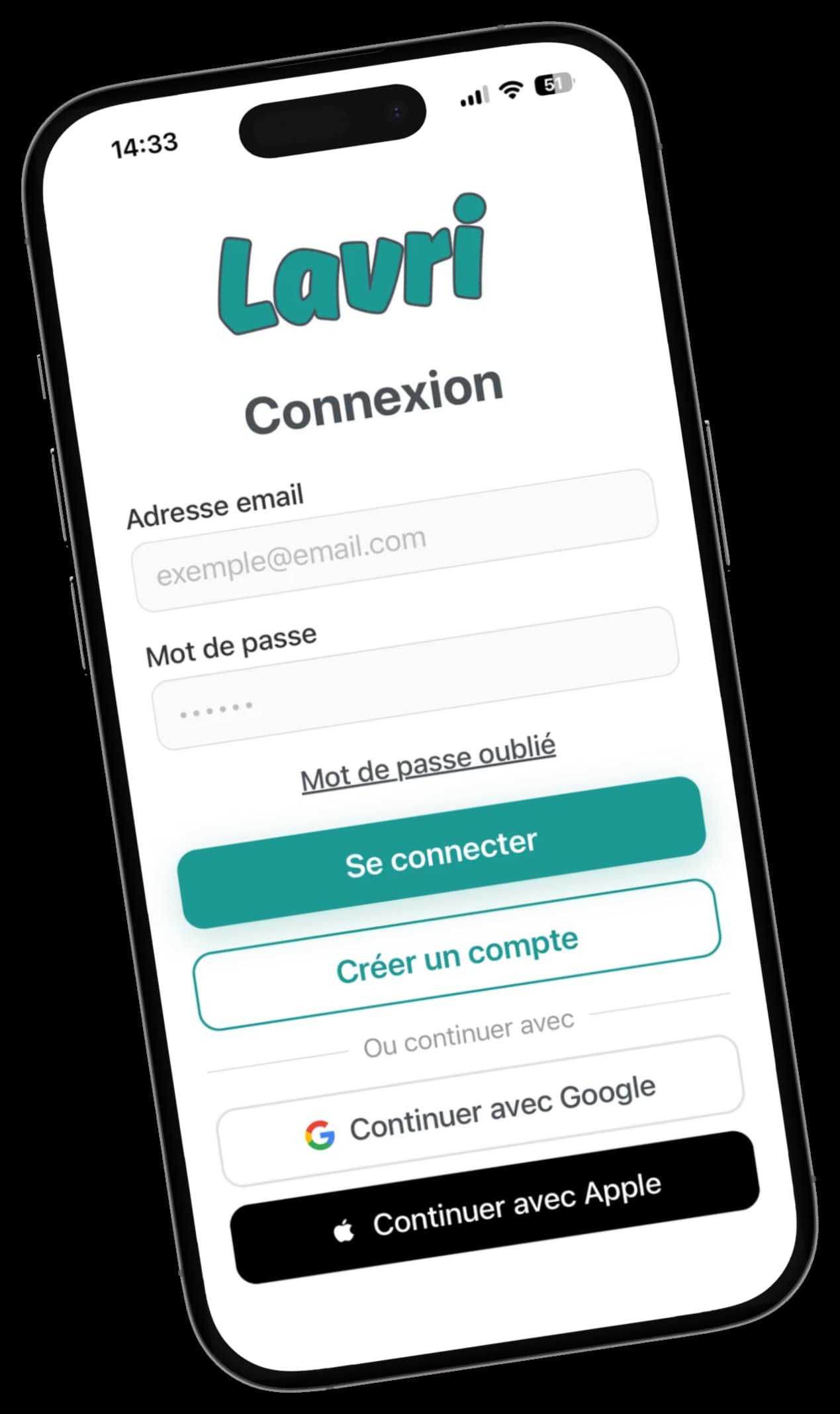 Écran de connexion de l'application LavriPay