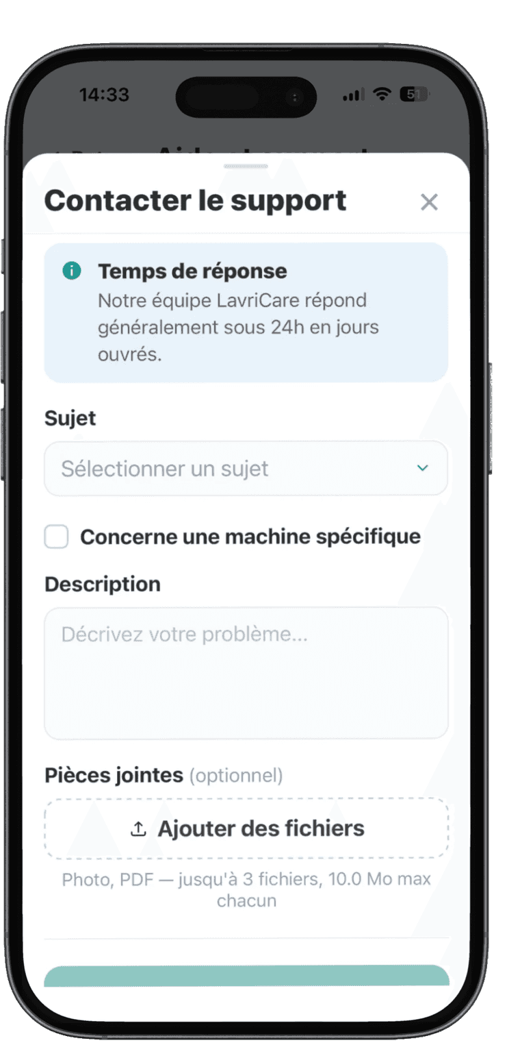 Formulaire de contact du support LavriCare dans l'application LavriPay