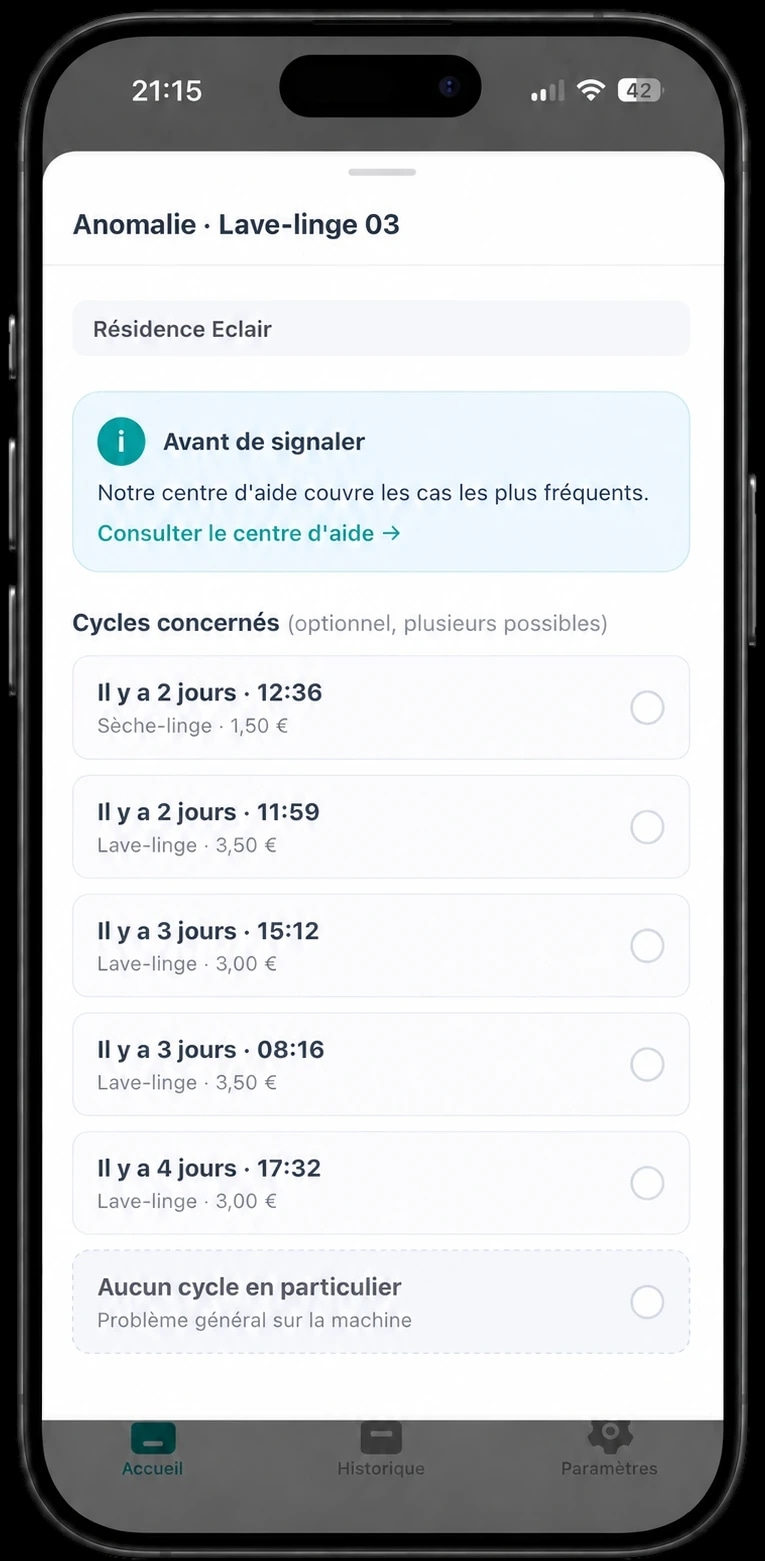 Signalement d'une anomalie sur un lave-linge depuis l'application LavriPay