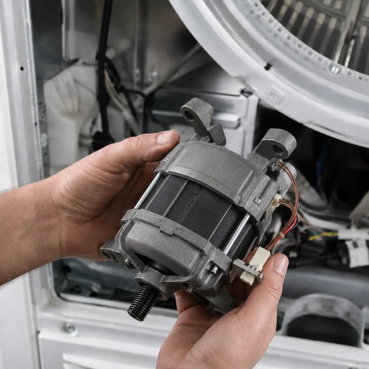 Moteur de lave-linge tenu en main devant une machine ouverte lors d'une intervention de maintenance