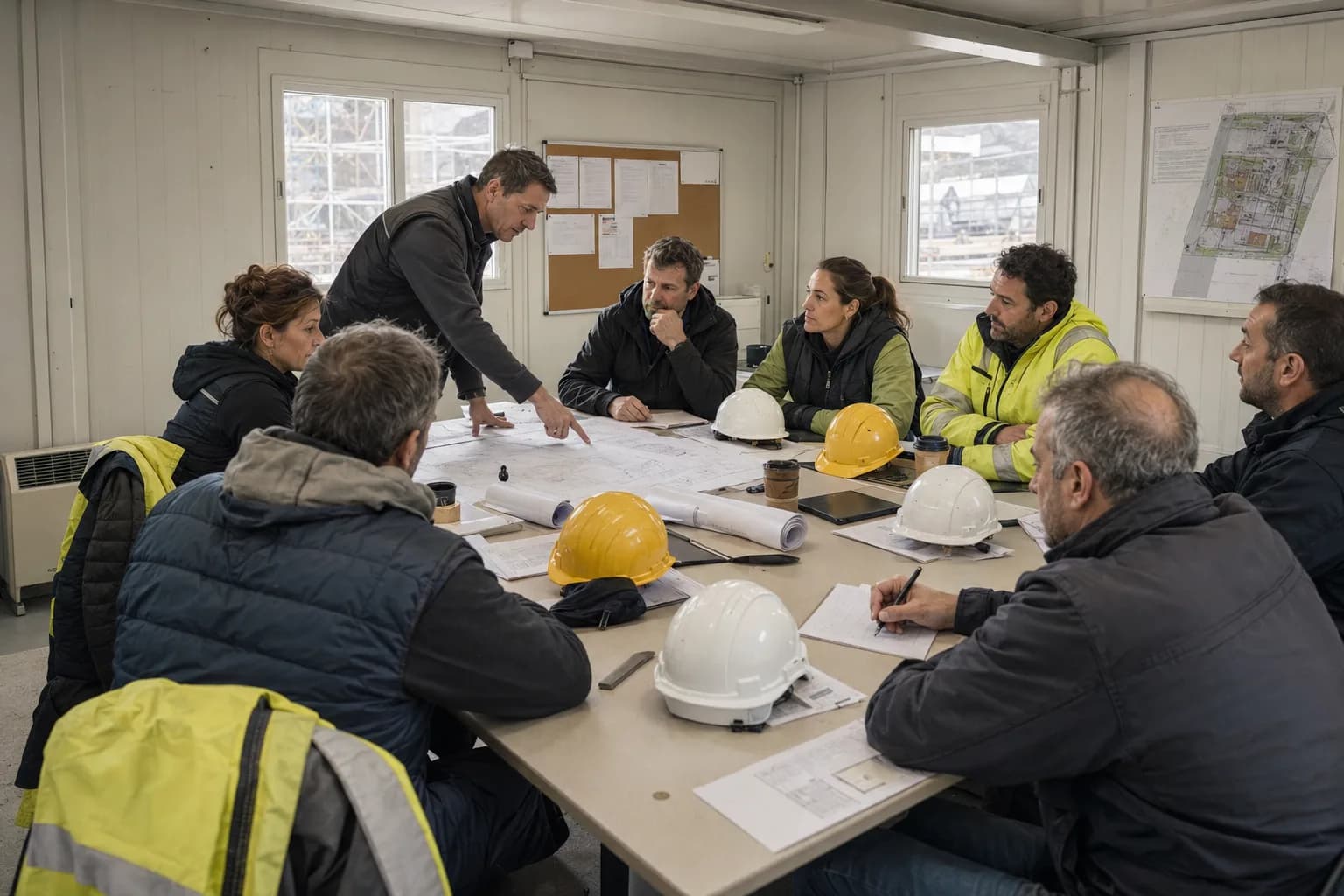 Réunion de chantier autour des plans d'une résidence étudiante